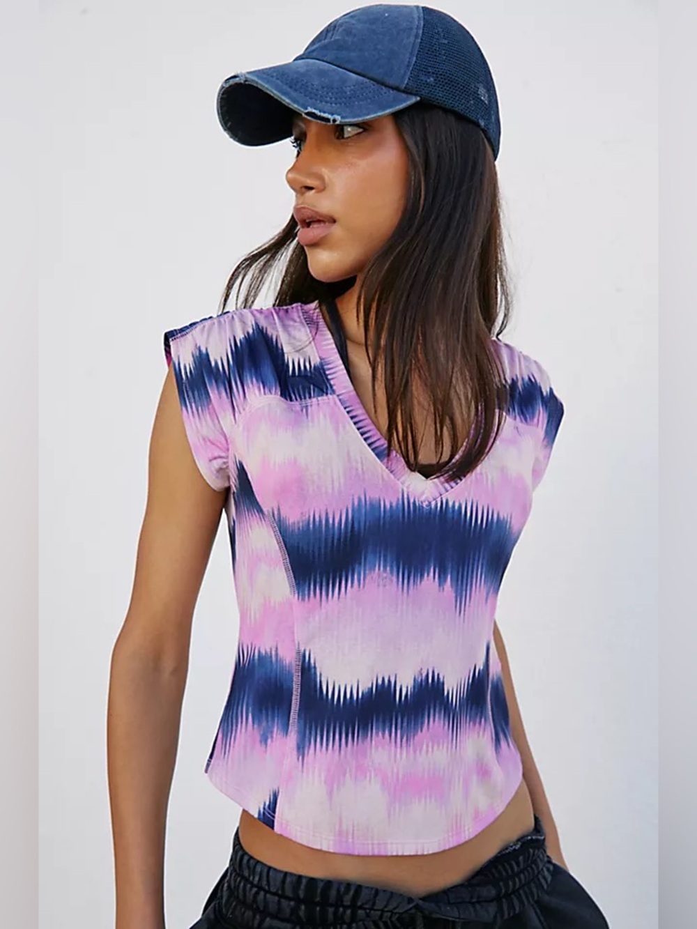 Free People FP Movement True North V-Neck Tee Printed in Pink, Blue, & Cream